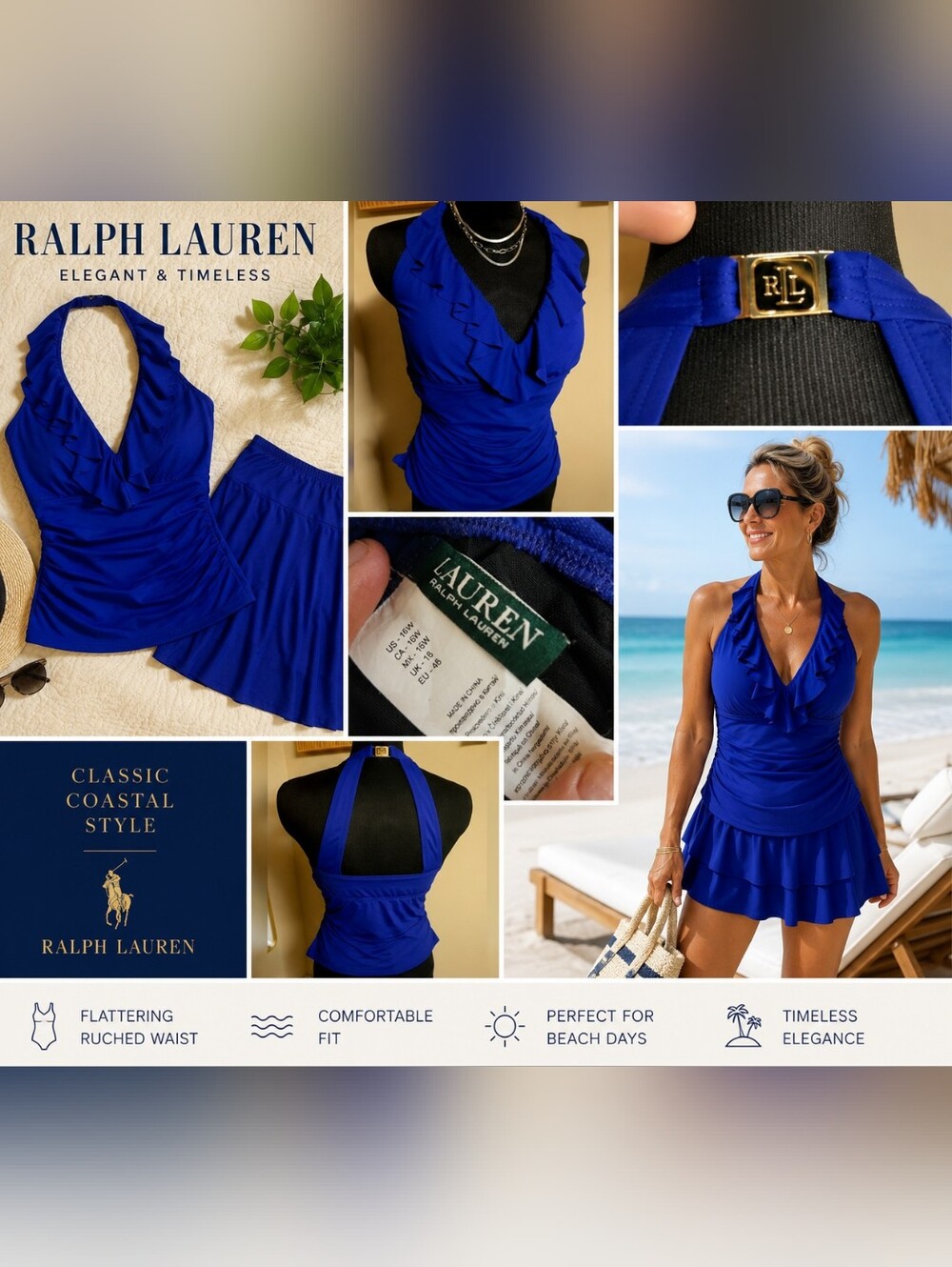 Elegant Ralph Lauren Tankini 2 Piece Swimsuit With Skirt 16 W